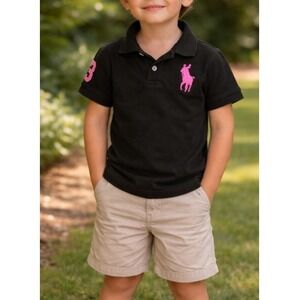 Polo Ralph Lauren Boys Black Pink Big Pony Cotton Mesh Short Sleeve Polo Size 4T